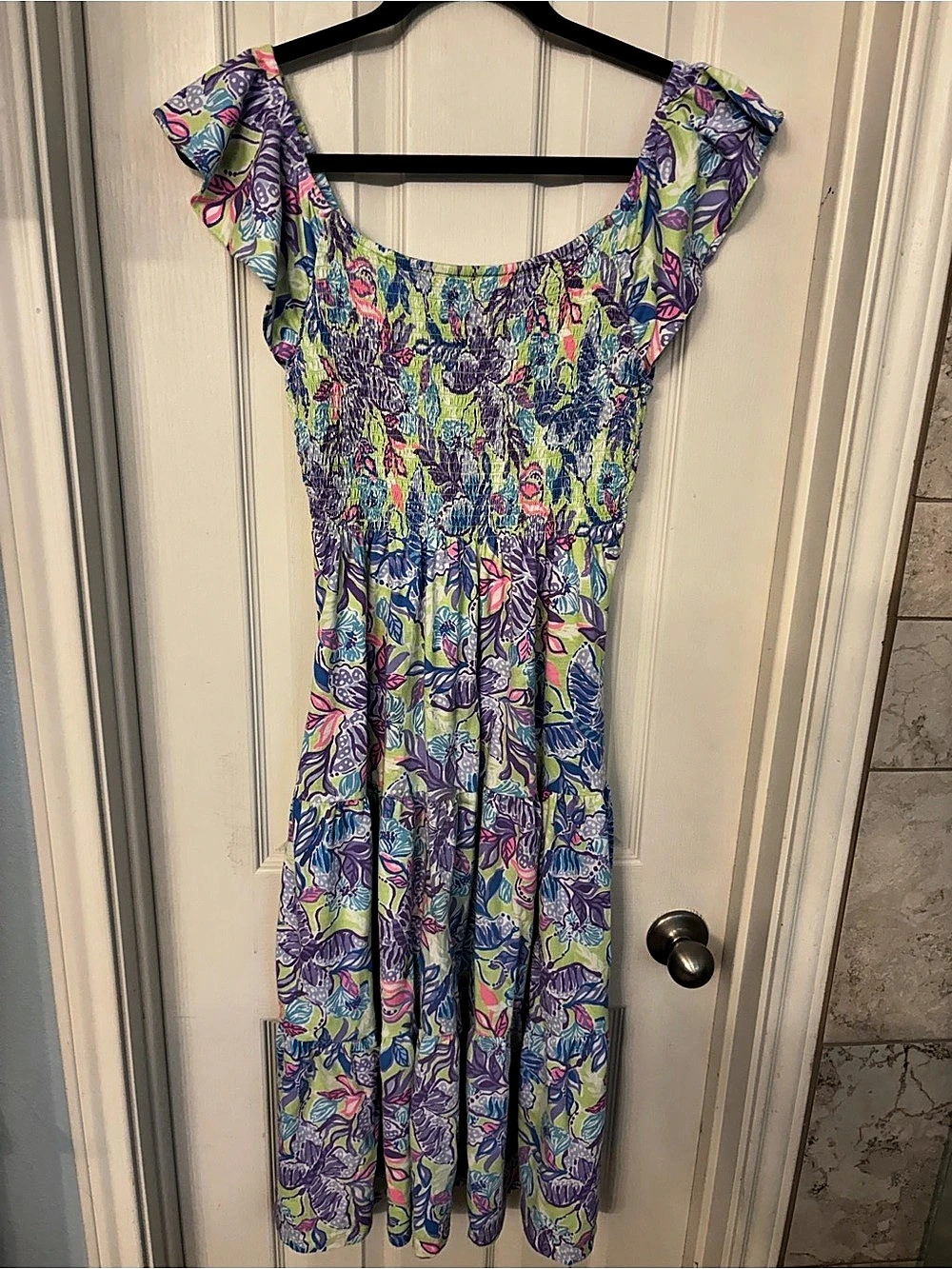 Lilly Pulitzer Jilly Smocked Midi Dress Dew Drop Stay Fly Floral Purple Blue S